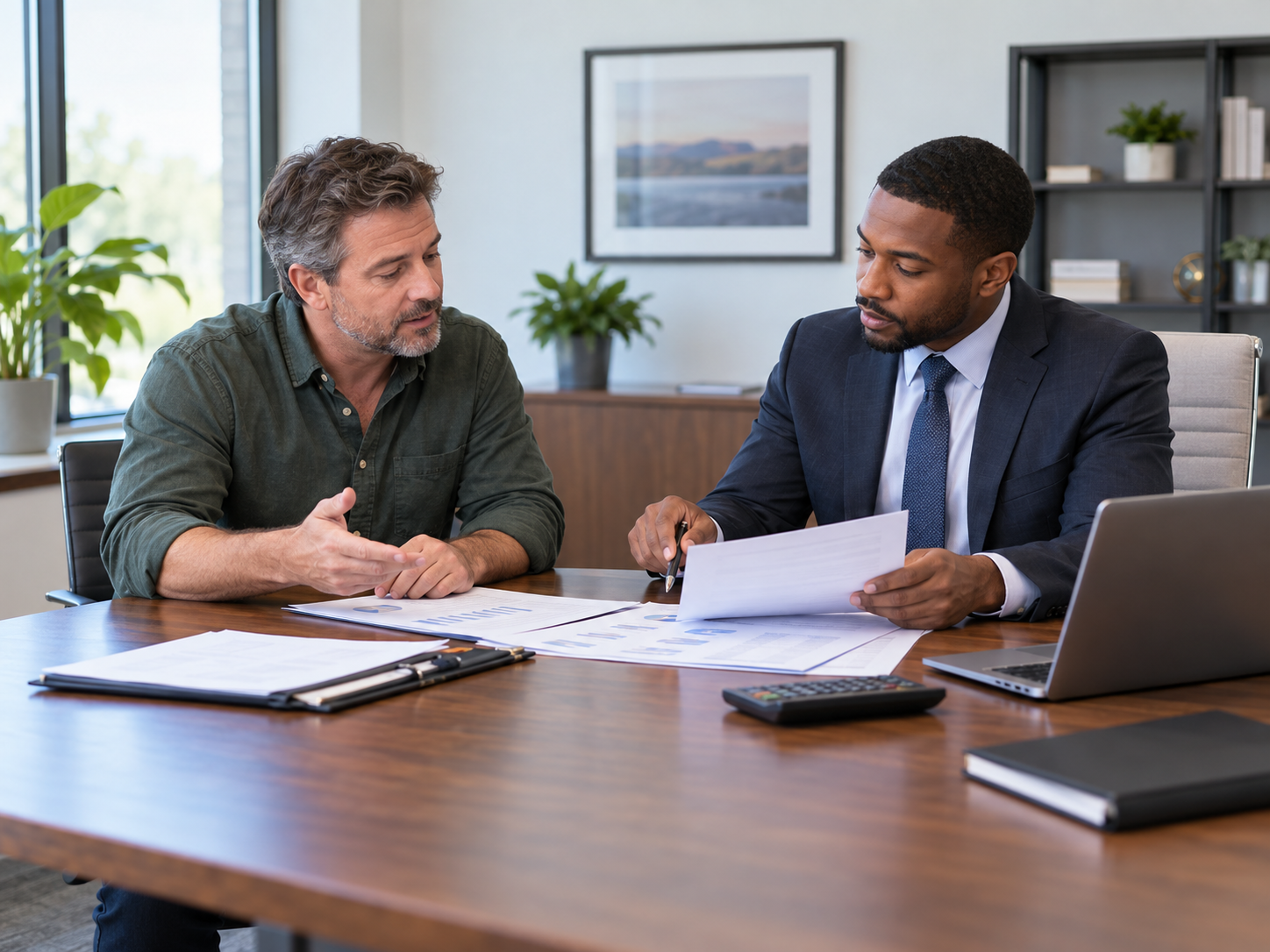Business owner explaining financial documents to a banker during a loan meeting