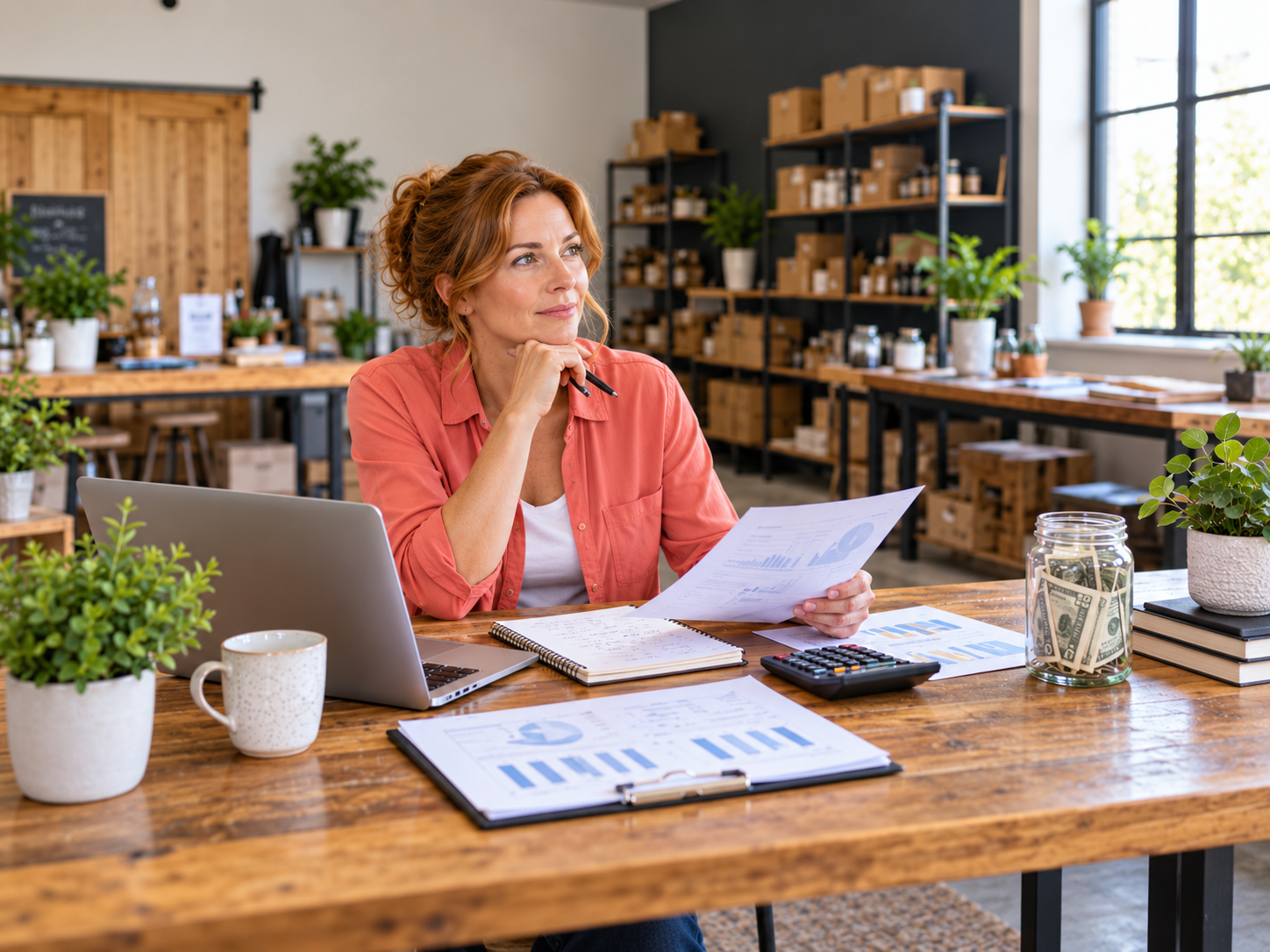 Small business owner reviewing financial projections while deciding how much cash to keep in reserve.