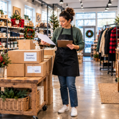 Small business owner reviews seasonal inventory and paperwork while preparing for holiday cash flow planning.