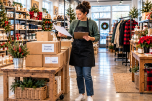 Small business owner reviews seasonal inventory and paperwork while preparing for holiday cash flow planning.