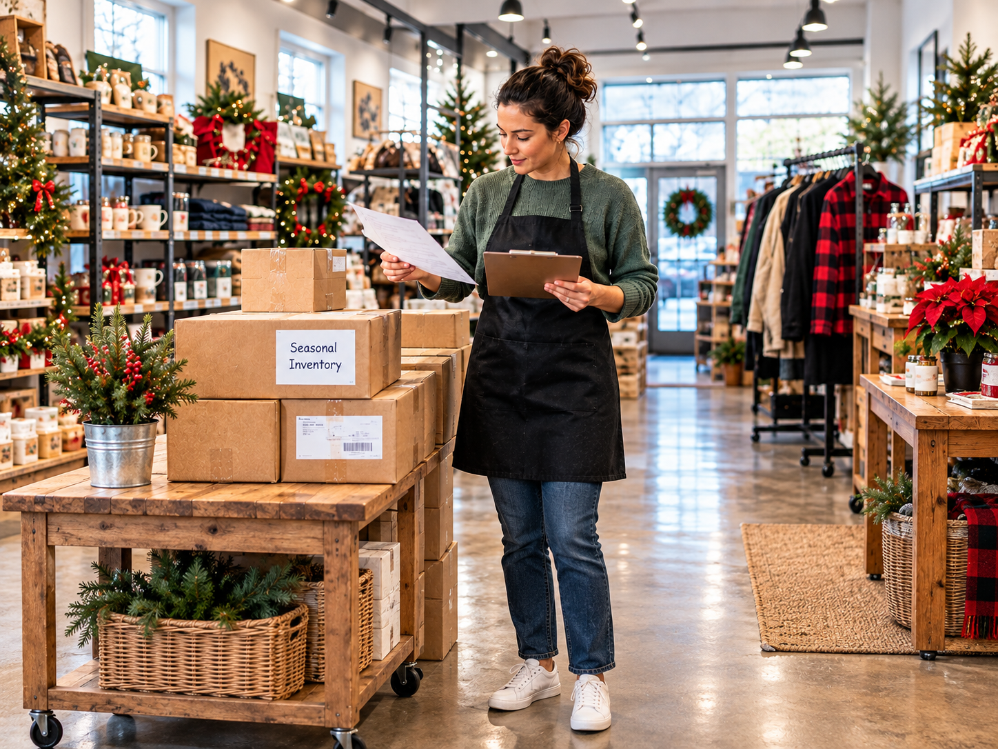 Small business owner reviews seasonal inventory and paperwork while preparing for holiday cash flow planning.