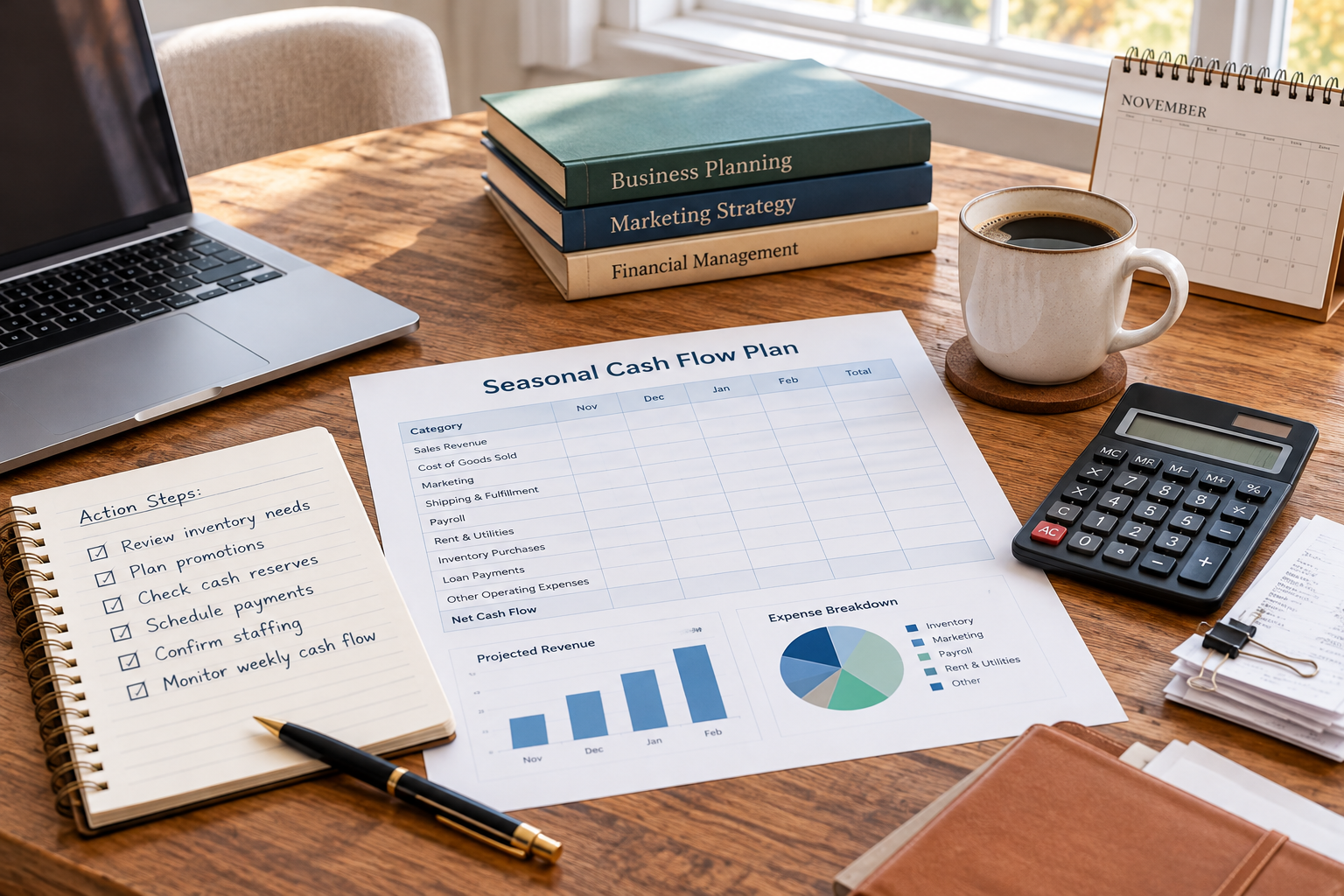 Seasonal cash flow plan with projected revenue, business expenses, calculator, calendar, and planning notes.