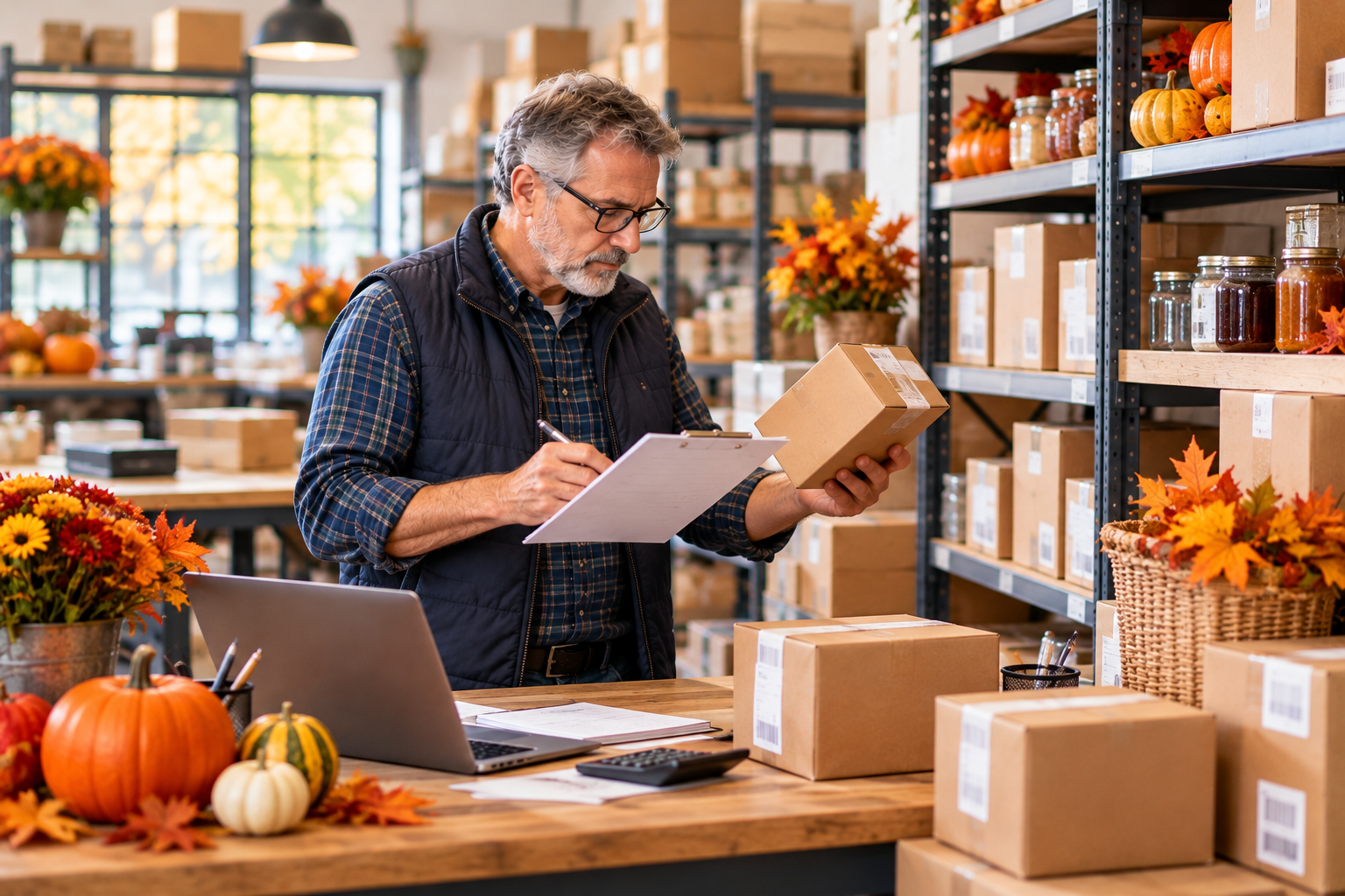 Older small business owner reviews fall seasonal inventory and records stock levels while preparing for increased holiday spending.