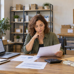 Small business owner reviewing financial records while planning how much cash to keep in reserve.