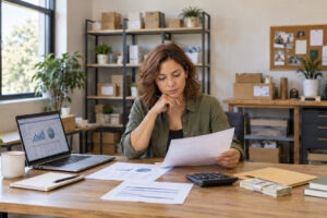 Small business owner reviewing financial records while planning how much cash to keep in reserve.