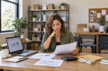 Small business owner reviewing financial records while planning how much cash to keep in reserve.