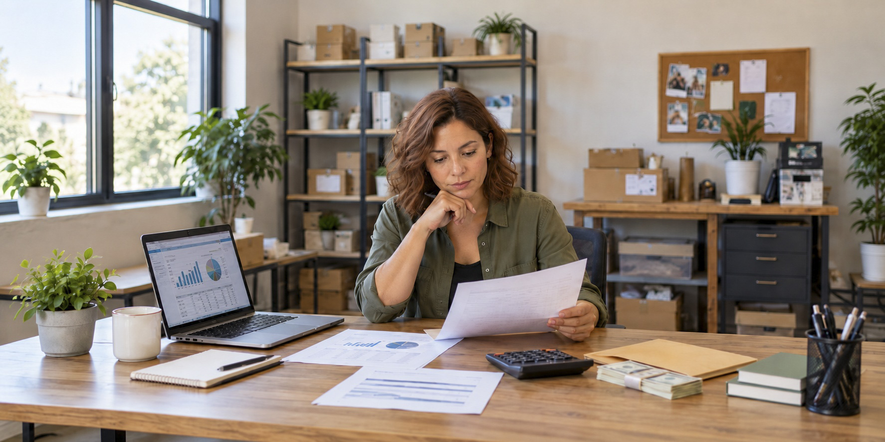 Small business owner reviewing financial records while planning how much cash to keep in reserve.