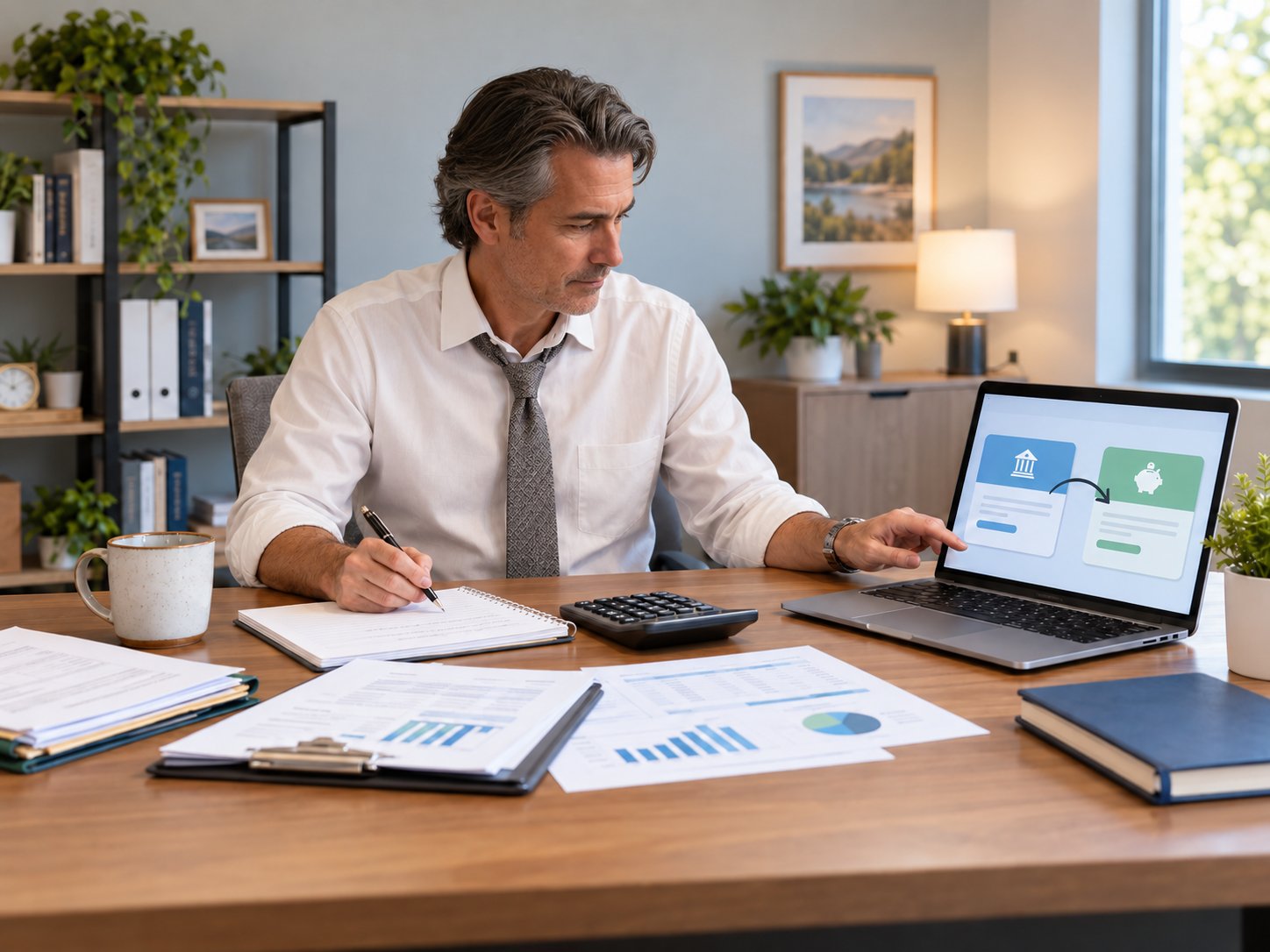 Small business owner reviewing a transfer into a separate business savings account for cash reserves.