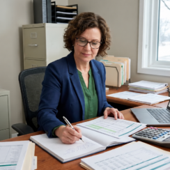 Small-business owner reviewing financial reports at year-end with a December calendar and snow visible outside.