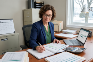 Small-business owner reviewing financial reports at year-end with a December calendar and snow visible outside.