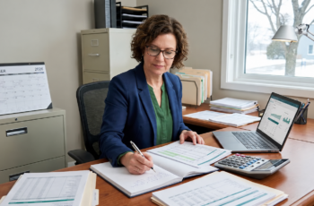 Small-business owner reviewing financial reports at year-end with a December calendar and snow visible outside.