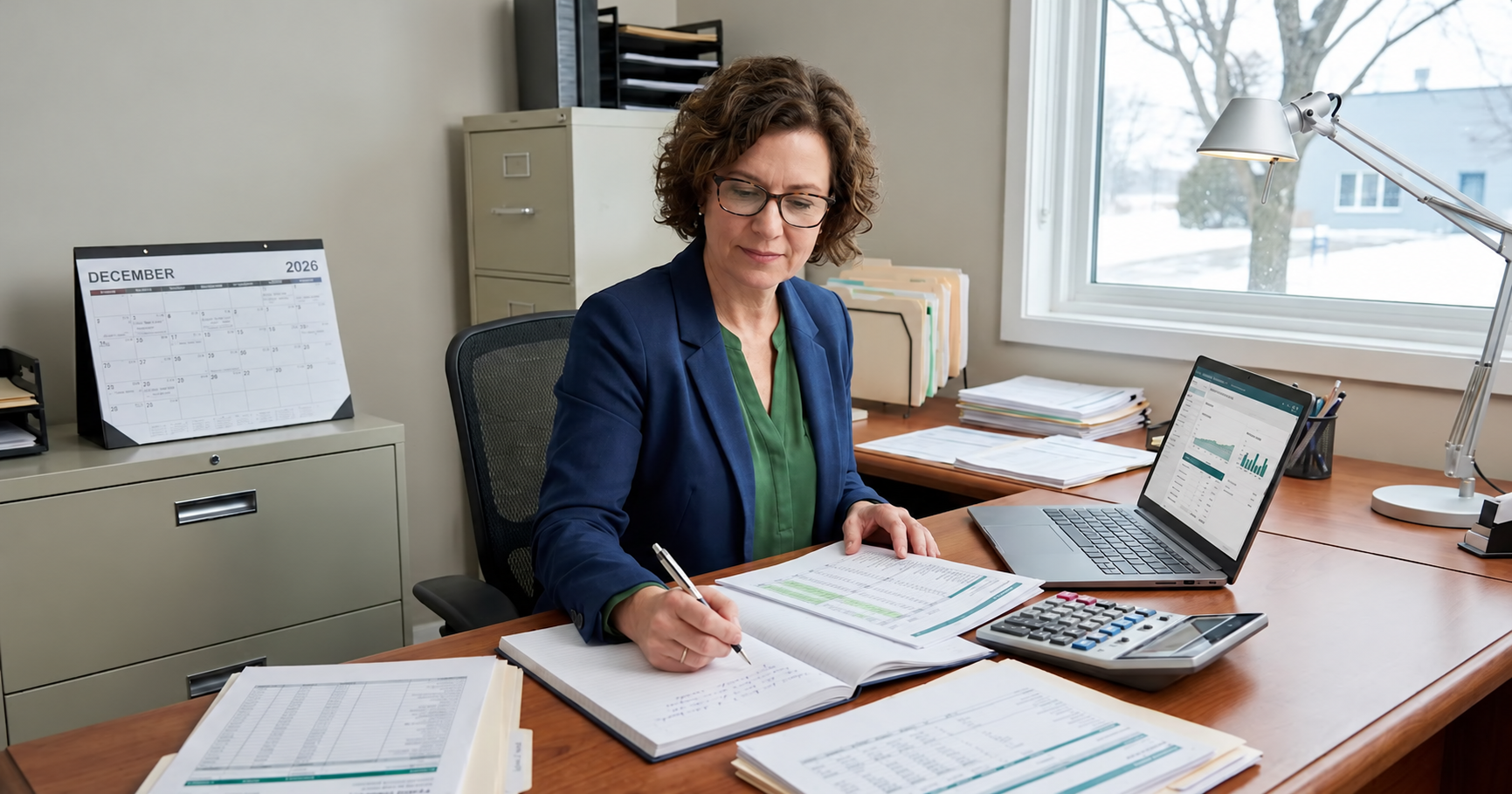 Small-business owner reviewing financial reports at year-end with a December calendar and snow visible outside.