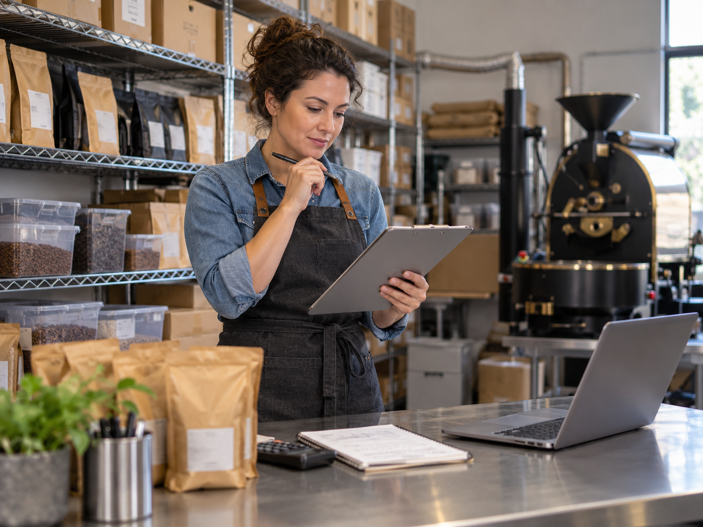 Small-business owner reviewing inventory and equipment needs with a clipboard in a workspace before deciding what financing is needed.